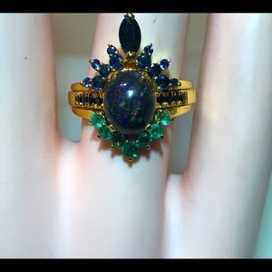 14K Gold Black Fire Opal, Emerald & Sapphire Ring!
